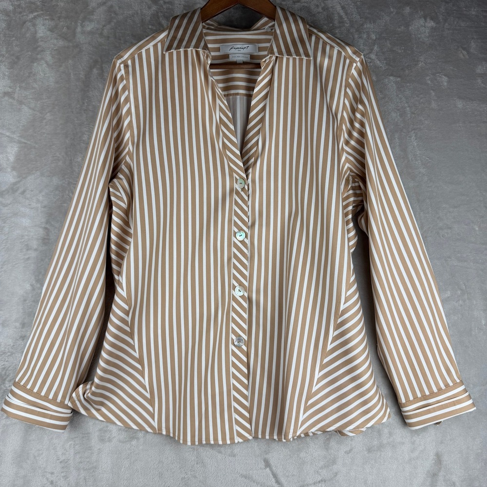 Foxcroft NYC Tan White Striped Non Iron Stretch Shaped Button Down Shirt Size 16